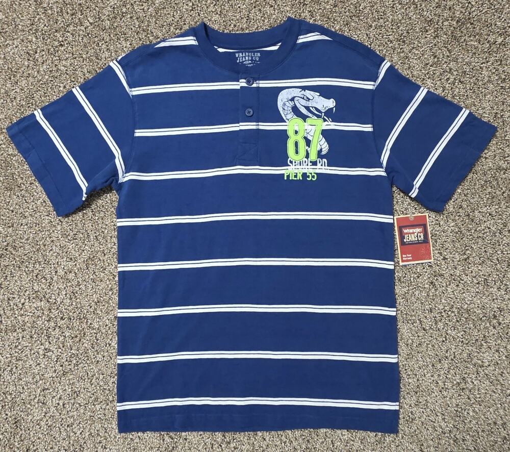 Wrangler Jeans Co. Henley Shirt Boys 2XL (18) Giant Blue Stripe Snake 87 Cotton